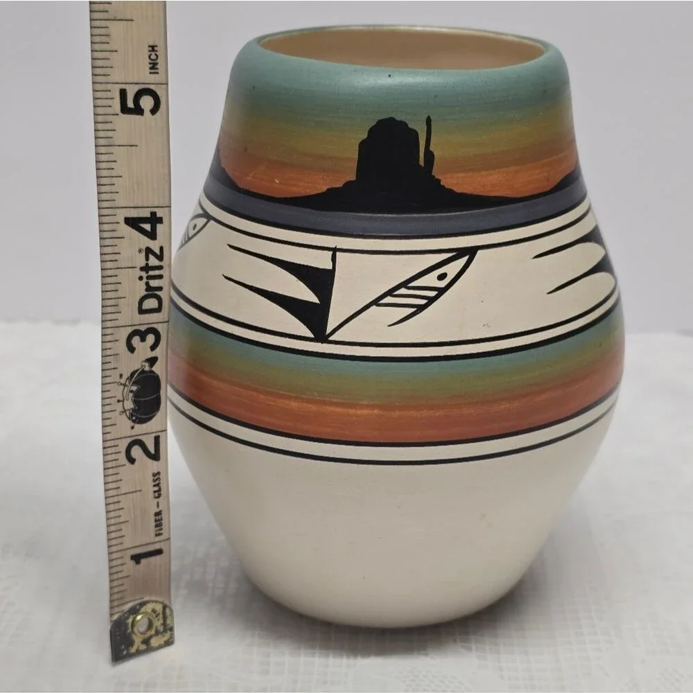 Native American Hand Painted Pottery Vase Signed By Wallace T. Navajo Folk Art